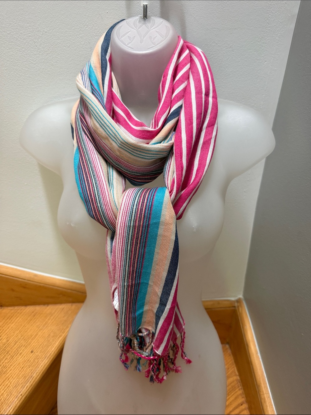 Chico's Striped Fringe Scarf Pink Blue Boho Lightweight Modal Cotton Wrap